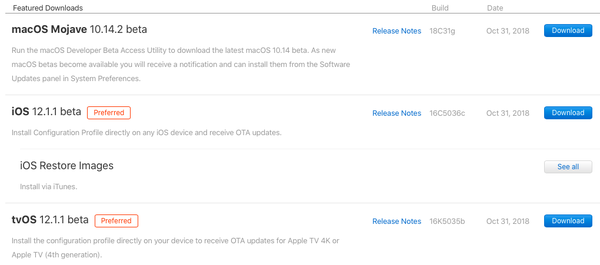 Apple começa a testar as primeiras versões beta do iOS 12.1.1, tvOS 12.1.1 e macOS Mojave 10.14.2 [U]